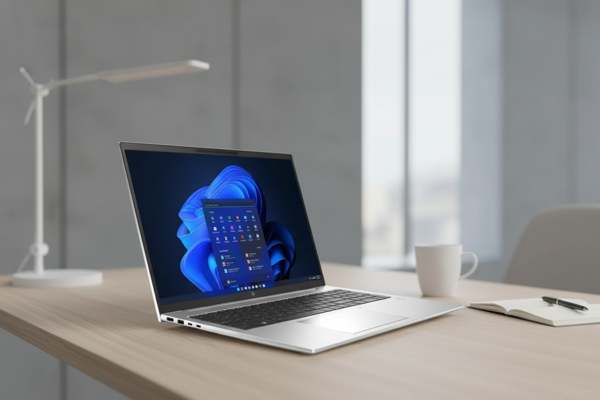 A silver HP EliteBook 860 G9 with Intel Core i5-1235U, 16GB RAM, 256GB SSD, and a black keyboard is open to the Windows 11 Pro screen. The laptop is viewed from the left side against a white background. Brand: HP.