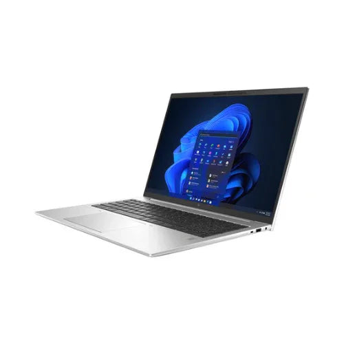 The refurbished HP EliteBook 860 G9, featuring an Intel Core i5-1235U, 16GB RAM, 256GB SSD, and a 16 display with Windows 11 Pro, is open on a silver body with black keyboard at an angle against a white background.