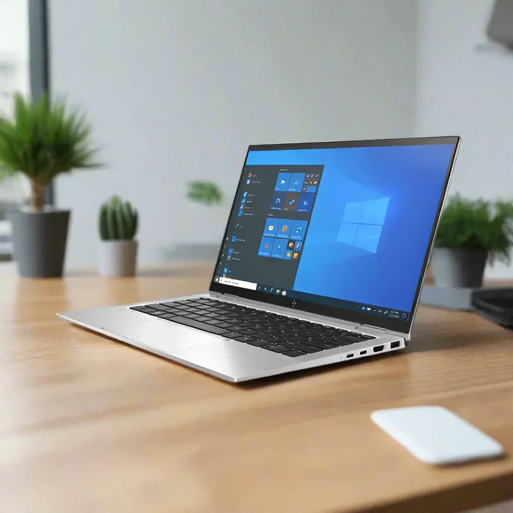 A sleek silver refurbished HP EliteBook X360 1030 G8 (i5, 16GB, 256GB SSD, 13.3" Touch, Windows 11 Pro) sits on a wooden desk with plants and a white wireless mouse—a modern touch of sustainable technology.