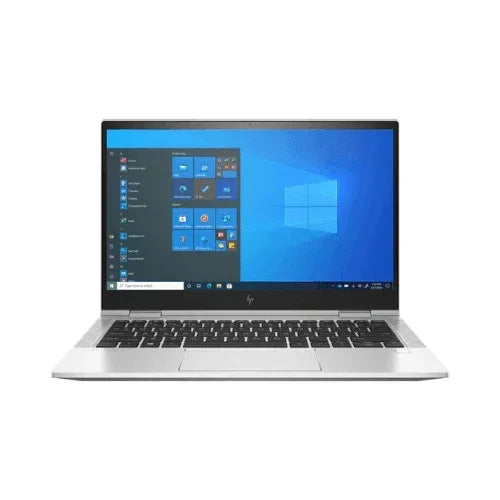 A certified refurbished HP EliteBook X360 830 G8 business laptop (i5-1145G7, 8GB RAM, 256GB SSD, 13.3" touch) is shown from the front with a black keyboard and Windows 10 start menu onscreen against a white background.