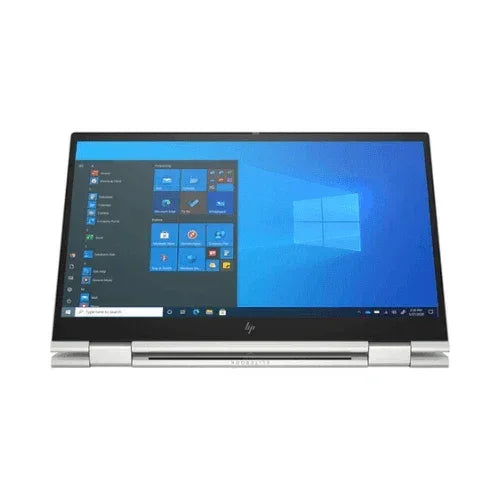 A silver HP EliteBook X360 830 G8 with Intel i5, 16GB RAM, 256GB SSD, and Windows 11 Pro is shown in tablet mode displaying the home screen on its 13.3" touch display.