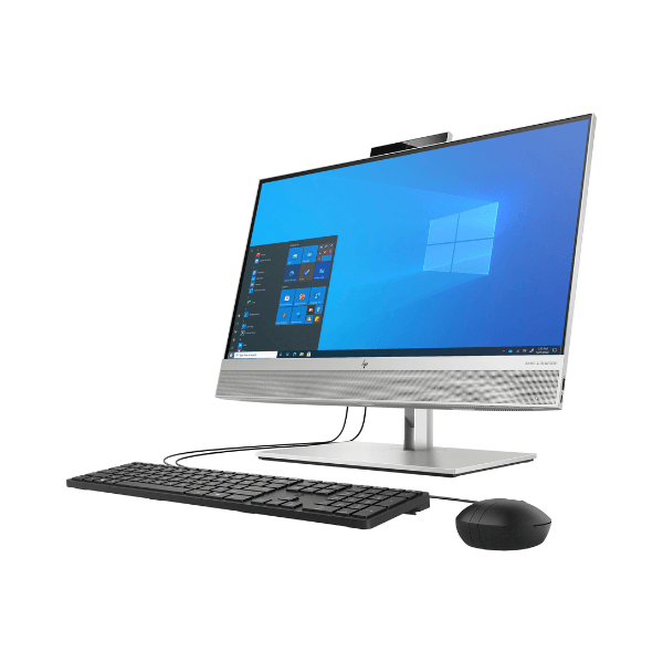 The HP EliteOne 800 G8 AIO features a 23.8" touchscreen, Intel i5-11500, 16GB RAM, and a 512GB SSD with Windows 11 Pro—refurbished IT from HP, includes wired keyboard and wireless mouse on a white background.