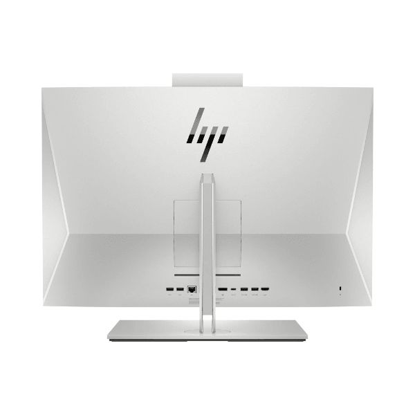 Rear view of the HP EliteOne 800 G8 AIO i5 11500 (2.7GHz, 16GB, 512GB SSD, WiFi, 23.8" Touch, Win11 Pro), featuring its stand, HP logo, ventilation, and ports like USB and HDMI—ideal refurbished IT gear against a white background.