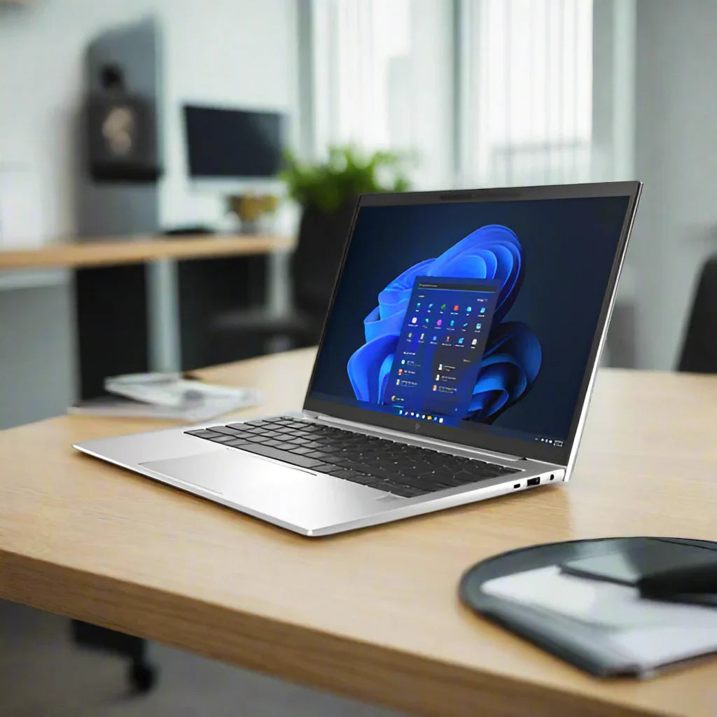 A certified refurbished HP EliteBook 830 G9, featuring an Intel Core i7-1255U, 16GB RAM, and 256GB SSD, is shown open with Windows 11 Pro on its 14 display and a black keyboard against a white background.