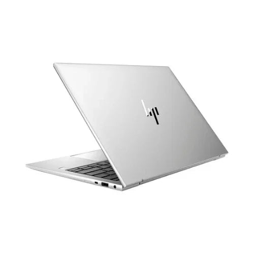 A silver HP EliteBook 830 G9 i7 1255U, partially open to show its keyboard and left-side ports, displays the HP logo on the lid. This certified refurbished 14 laptop features 16GB RAM, 256GB SSD, and Windows 11 Pro against a white background.