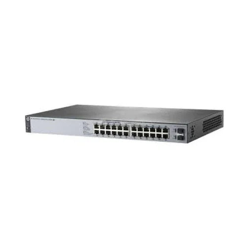 The HP J9983A OfficeConnect 1820-24G PoE+ is a certified refurbished, rack-mountable 24-port managed Gigabit switch with durable metal casing and port indicator lights, ideal for network setups. Brand: HP.
