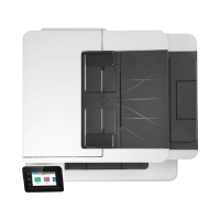Top view of the HP LaserJet Pro MFP M428fdw Wireless Mono Printer by HP, featuring a touchscreen control panel with colorful icons on the lower left side; supports up to 30k page count.
