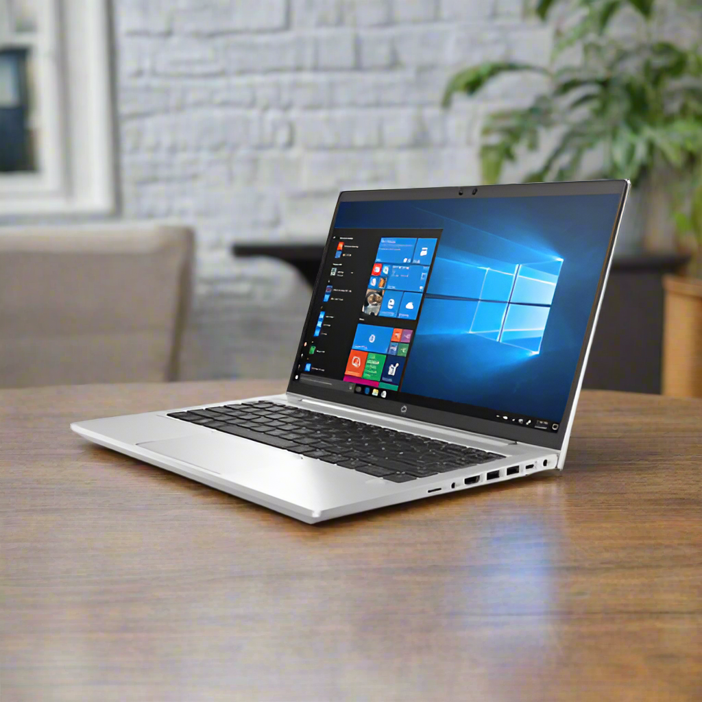 An HP ProBook 440 G8 with Intel i5-1135G7, 16GB RAM, 512GB SSD, and 14" display running Windows 11 Pro sits open on a wooden table; a chair, plant, and white brick wall are blurred in the background.
