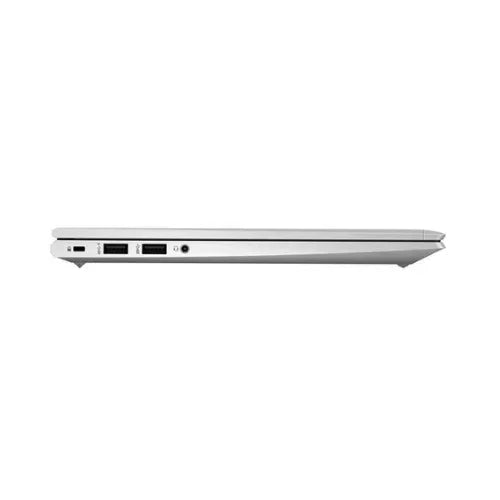 A certified refurbished HP ProBook 635 Aero G8 (Ryzen 5 5600U, 8GB, 256GB, 13.3 W11P) is shown closed from the left side with two USB ports, a headphone jack, and a slim design.