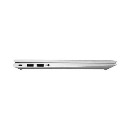 A certified refurbished HP ProBook 635 Aero G8 (Ryzen 5 5600U, 8GB, 256GB, 13.3 W11P) is shown closed from the left side with two USB ports, a headphone jack, and a slim design.