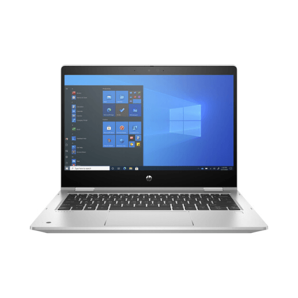 A silver HP ProBook X360 435 G8 Ryzen 7 laptop with a black keyboard is open, showing the Windows desktop on its 13.3" touchscreen—ideal for productivity—all set against a plain white background.