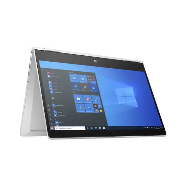 A silver HP ProBook X360 435 G8 with Ryzen 7 5800U, 8GB RAM, and a 13.3" touchscreen runs Windows 11 Pro in tent mode, blending style and performance.