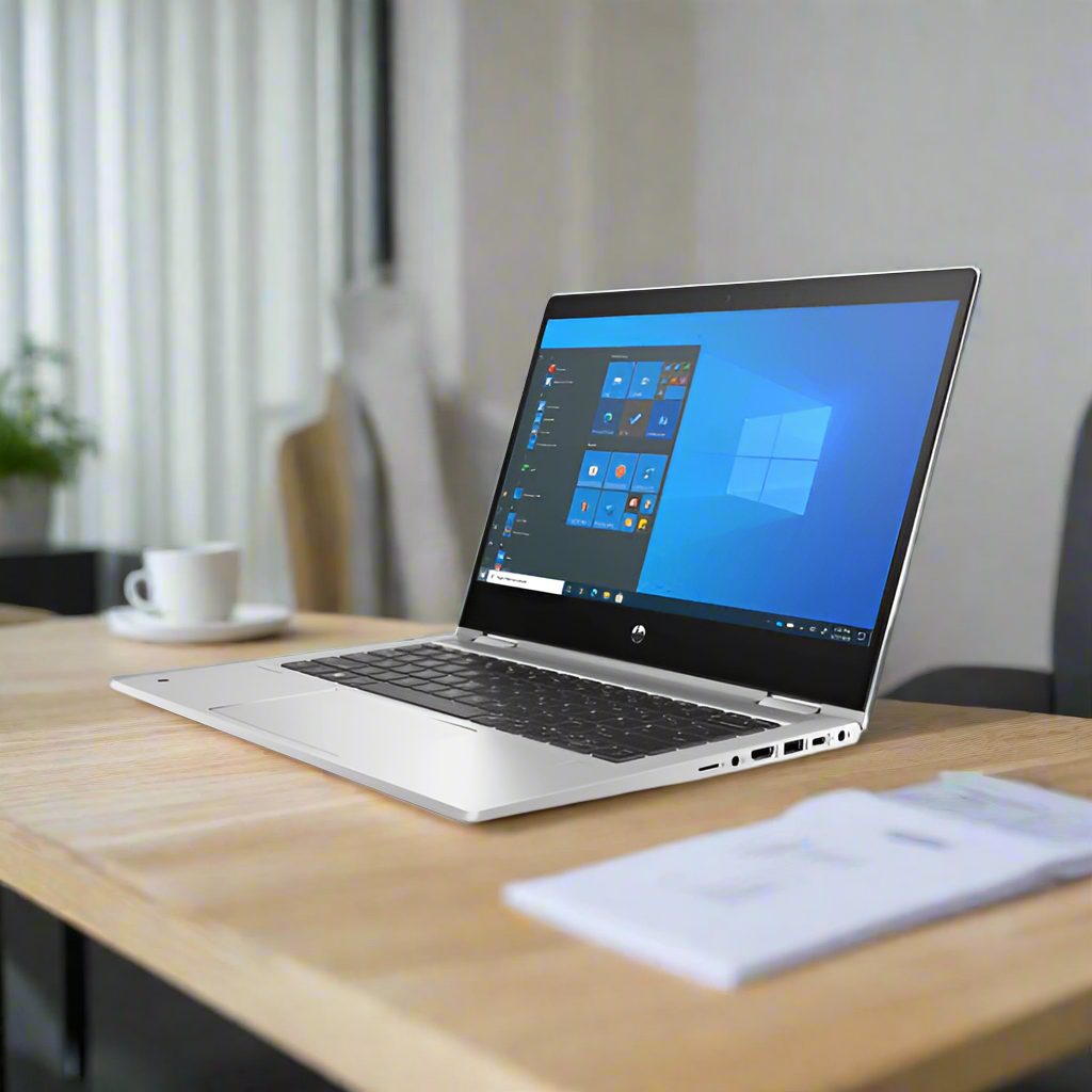 A silver HP ProBook X360 435 G8 Ryzen 7 5800U 13.3" Touch (8GB/256GB, W11P) from HP sits on a wooden desk beside a white cup and saucer, with a blurred plant and curtain in the background, ideal for productive work.