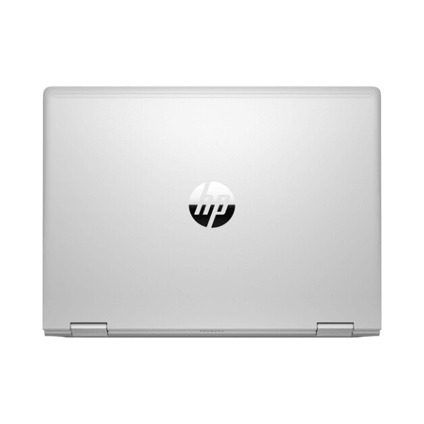 The HP ProBook X360 435 G8, a silver refurbished laptop with a Ryzen 7 5800U, 8GB RAM, and 13.3" touch display, shows the HP logo centered on the lid and is viewed from above against a plain white background.