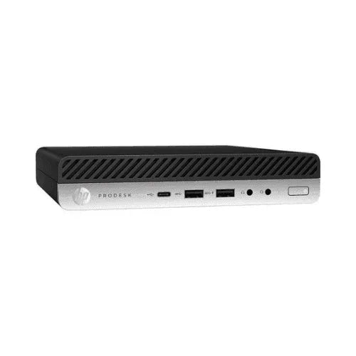 A refurbished HP ProDesk 600 G5 Mini by HP with an Intel Core i5-9500T, 16GB RAM, 256GB storage, WiFi, Windows 11 Pro, front USB ports, audio jacks, and power button is shown on a plain white background.