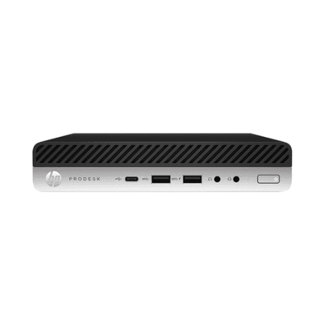 Front view of a refurbished HP ProDesk 600 G5 Mini i5 9500T, with USB-C, USB-A, audio jack, and power button on a sleek silver and black case, running Windows 11 Pro.