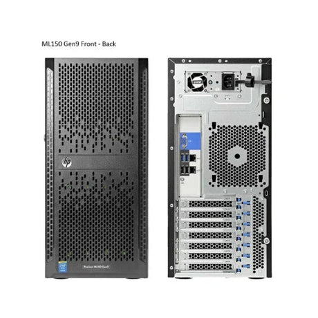 Front and back view of the HP Proliant ML150 G9 E5-2609 1.7GHz 16GB 2 x 1TB WIFI Server by HP. The front features the HP logo and vents; the back shows ports, slots, and cooling—perfect for small business use.