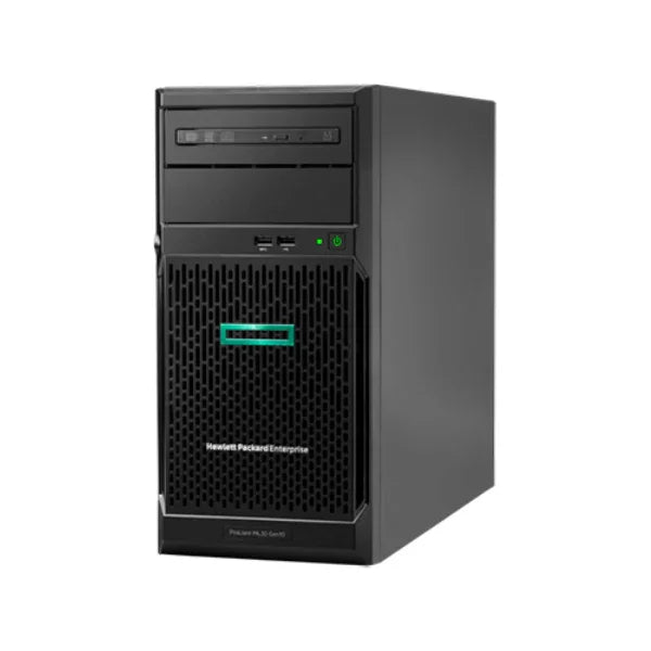 The HP ProLiant ML30 G10 E-2224 3.4GHz 16GB No Drives Tower Server by HP, ideal for small businesses, features a front panel with power button, USB ports, drive bays, and an HPE logo, shown against a white background.