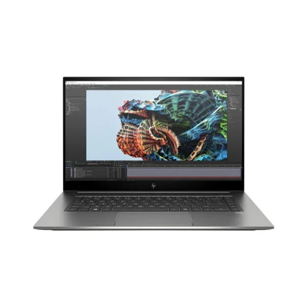 An HP ZBook Studio G8 with Intel i9, 32GB RAM, 1TB SSD, and NVIDIA RTX A2000 displays colorful 3D modeling software on its 15.6" screen. The certified refurbished laptop is shown from the front against a white background.