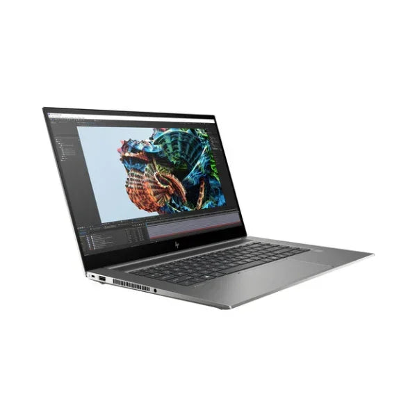 A certified refurbished HP ZBook Studio G8 with i9 11950H, 32GB RAM, 1TB SSD, RTX A2000, and a 15.6" screen sits open on a white background displaying vivid digital artwork and editing software.