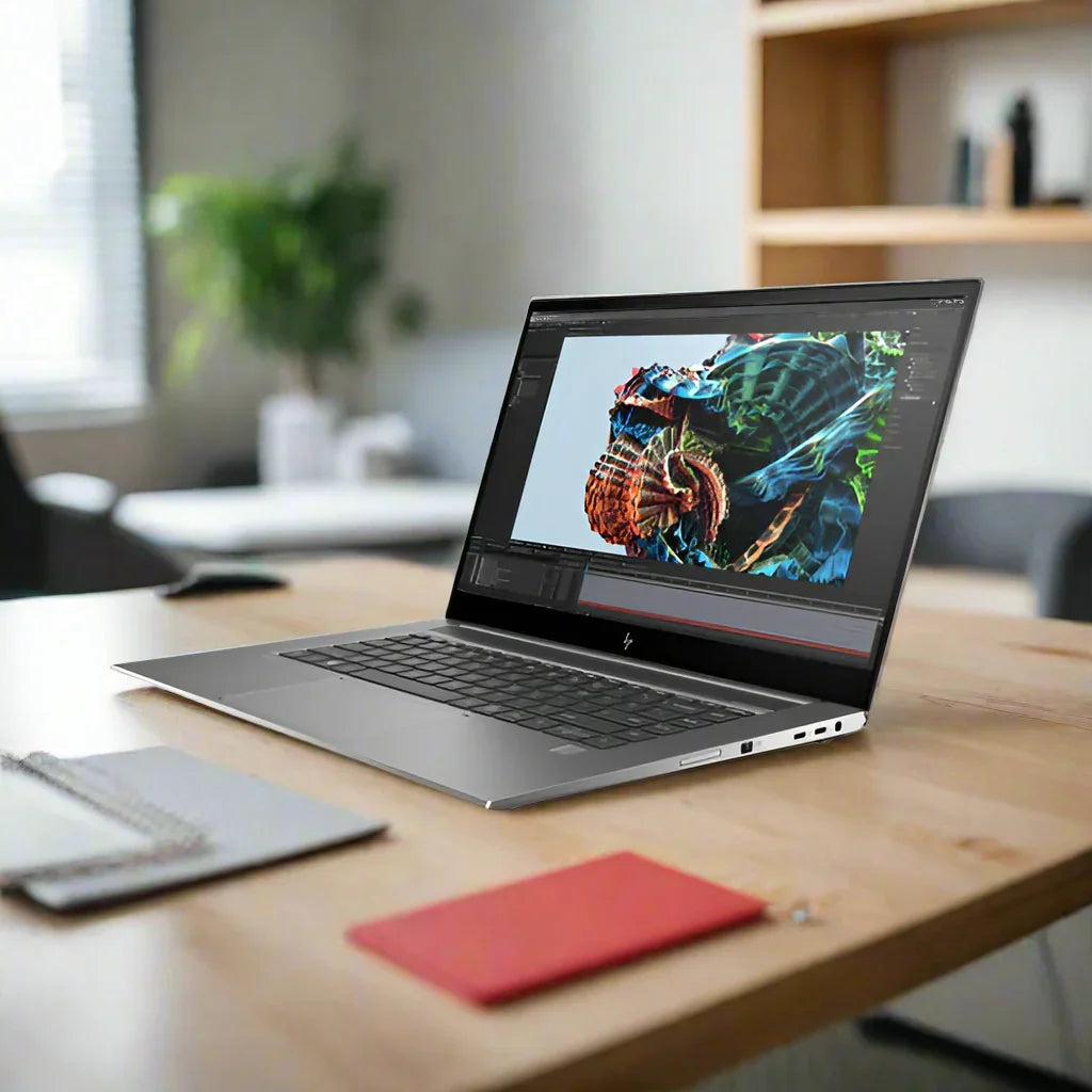 A certified refurbished HP ZBook Studio G8 15.6" laptop with i9, 32GB RAM, 1TB SSD, and RTX A2000 displays vibrant digital artwork on a wooden desk in a modern office with shelves, a notebook, pen, red card, and a potted plant.