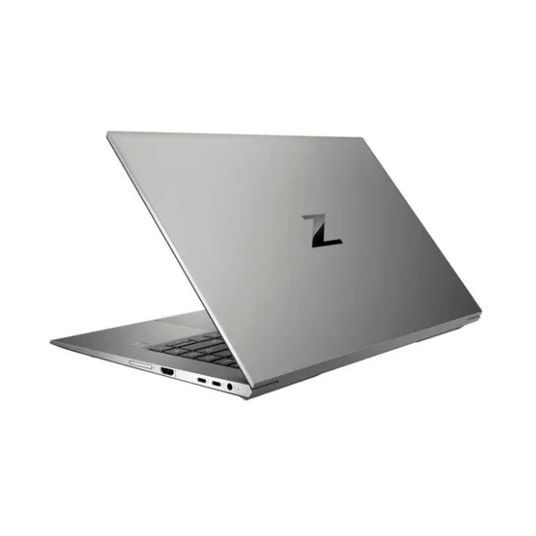 A silver HP ZBook Studio G8, featuring a 15.6" display, Intel i9 processor, 32GB RAM, 1TB SSD, and RTX A2000 graphics is partially open showing its sleek design and multiple ports. Certified refurbished and running Windows 11 Pro.