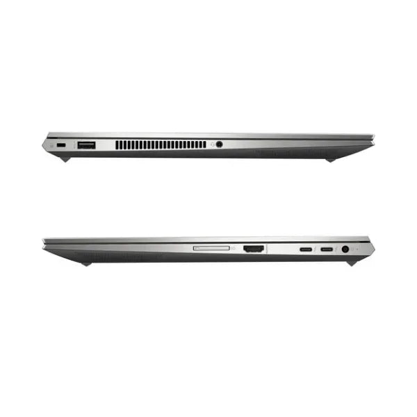 Two side views of a certified refurbished HP ZBook Studio G8 15.6" laptop, closed, display USB, HDMI, USB-C, SD card slot, and headphone jack ports on a plain white background. Specs: i9-11950H, 32GB RAM, 1TB SSD, RTX A2000.