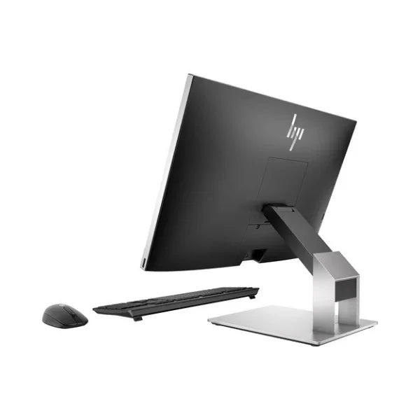 A rear view of the HP EliteOne 800 G4 AIO i7 8700 reveals a sleek black and silver all-in-one PC with a wireless keyboard and mouse, featuring a 23.8 touch display, set against a white background.