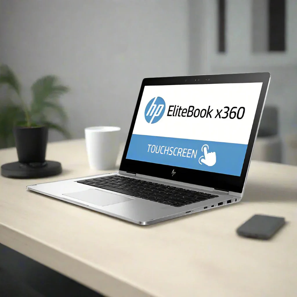 An HP EliteBook X360 1030 G2 i5 7200U 13.3 Touch laptop is open on a desk next to a white cup and small potted plant in a softly lit modern workspace.