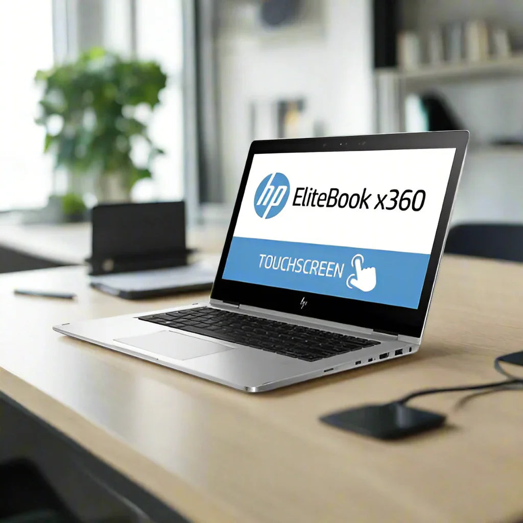 An HP EliteBook X360 1030 G2 i5 7300U 2.6GHz laptop sits open on a wooden desk, showcasing its 13.3 touchscreen. Office supplies and shelves are visible in the background. Features 8GB RAM, 256GB SSD, running Windows 10 Pro.