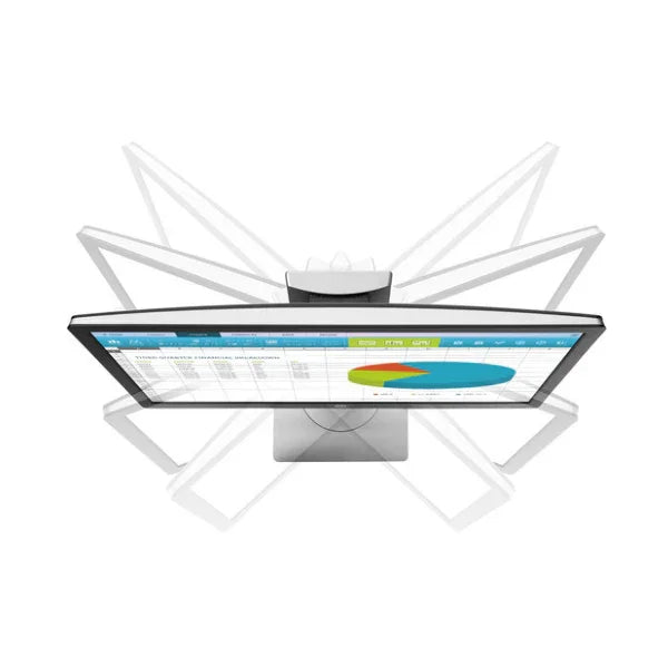 A refurbished HP EliteDisplay E222 IPS 21.5" monitor by HP is shown from above, highlighting its multiple tilt adjustments and displaying a colorful chart on its 1920x1080 screen.