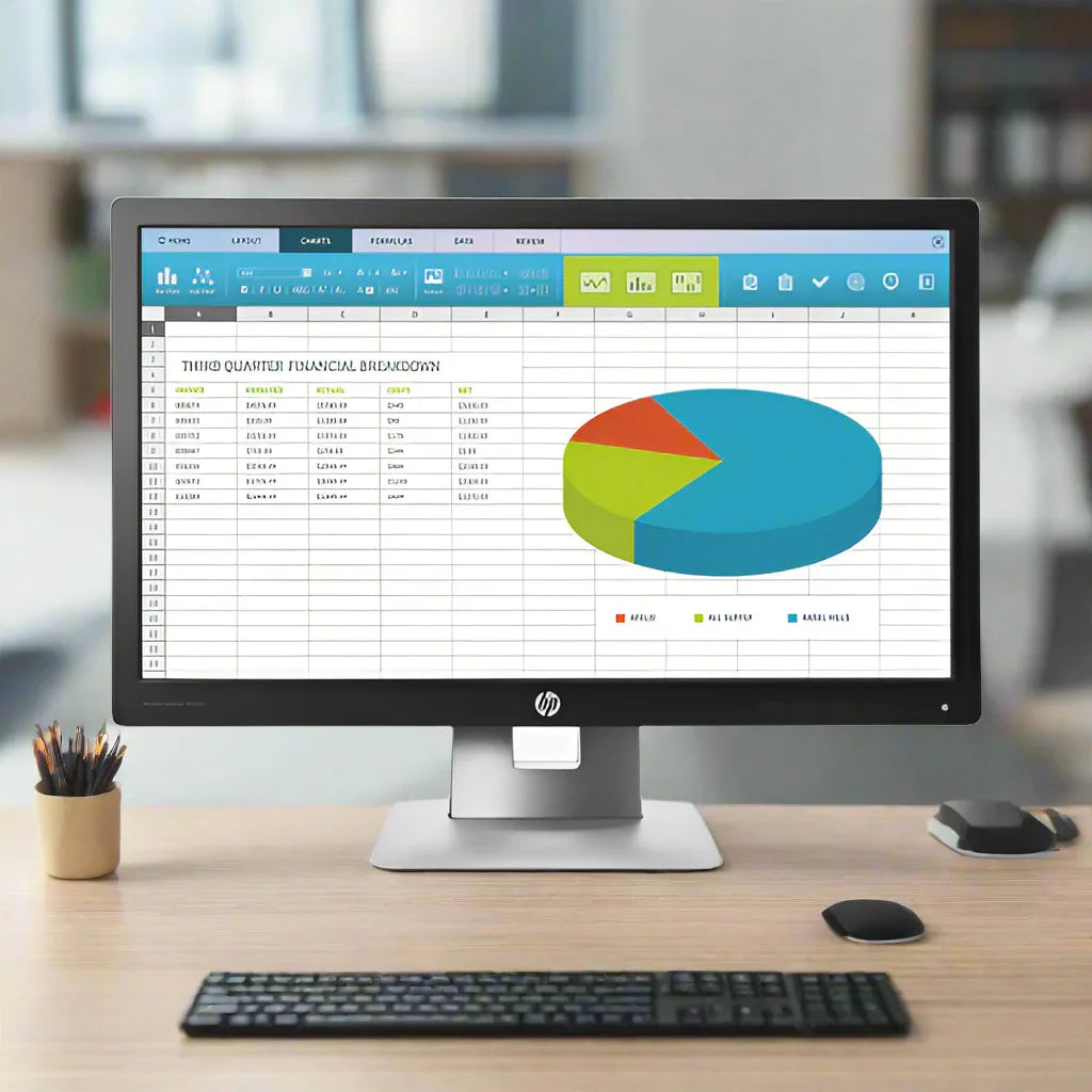 An HP EliteDisplay E222 IPS 21.5" 1920x1080 monitor on a desk shows a spreadsheet labeled “Third Quarter Financial Breakdown,” with a pie chart, keyboard, mouse, and office supplies arranged in this modern workspace.