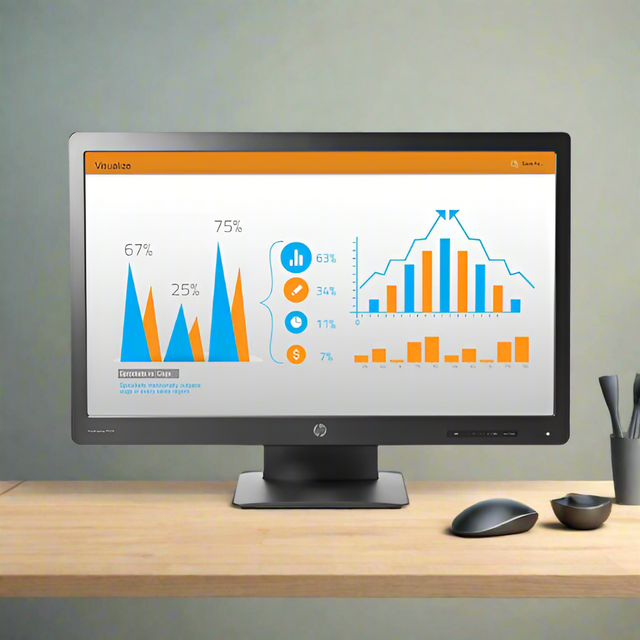 A refurbished HP P232 23 1920x1080 monitor without a stand displays colorful charts on a wooden desk, accompanied by a keyboard, mouse, pen holder with pens, and a small plant against a light wall.