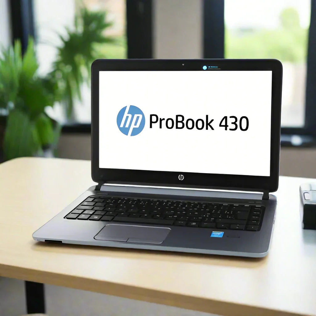 An HP ProBook 430 G2 with Intel i5 5200U, 8GB RAM, 500GB HDD, and 13.3 display sits open on a light-colored desk near large windows and green plants. This certified refurbished laptop comes with a 3-month warranty.