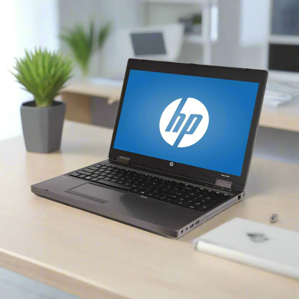 A refurbished black HP ProBook 6570b i5 3320M 2.8GHz 8GB 320GB laptop sits on a light wooden desk beside a small potted plant, with another laptop and a pen partly visible in the background.