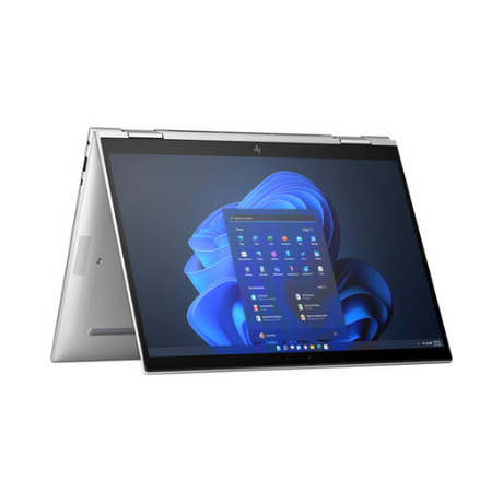 The HP EliteBook x360 830 G10, a silver 13.3" convertible laptop with i5-1345U, 16GB RAM, and 256GB storage, is shown in tent mode displaying the Windows 11 Pro start menu. Its slim design and hinges highlight its versatile functionality.