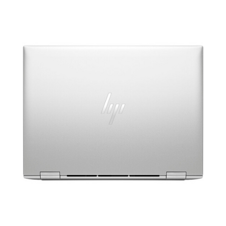A closed silver HP EliteBook x360 830 G10 is shown from above, featuring the centered HP logo, visible hinges, and ventilation slots along the back edge. Model: i5-1345U, 16GB RAM, 256GB SSD, 13.3" touch display.