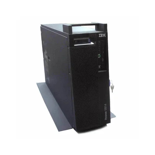IBM S814 8286-41A 4-Core POWER8 Tower Server (32GB, Dual 900W PSU, Black) by IBM shown with mesh front, key lock, USB ports, and top handles on a flat base against a white background.