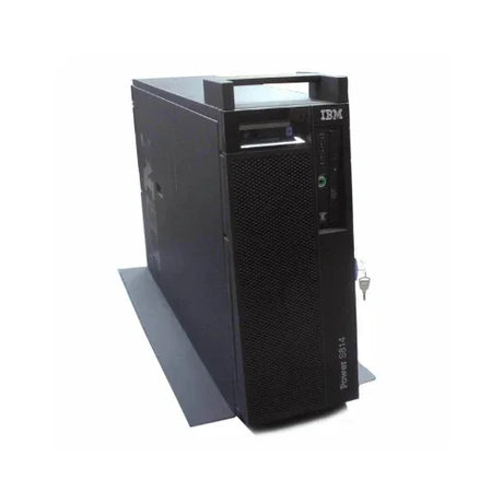 IBM S814 8286-41A 4-Core POWER8 Tower Server (32GB, Dual 900W PSU, Black) by IBM shown with mesh front, key lock, USB ports, and top handles on a flat base against a white background.