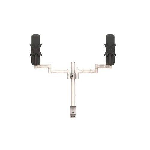 The Atdec Integ Blade Dual Monitor Mount with Desk Clamp offers adjustable arms from a central pole for ergonomic positioning, black VESA brackets for secure mounting, and built-in cable management to keep your workspace organized.