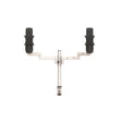 The Atdec Integ Blade Dual Monitor Mount with Desk Clamp offers adjustable arms from a central pole for ergonomic positioning, black VESA brackets for secure mounting, and built-in cable management to keep your workspace organized.