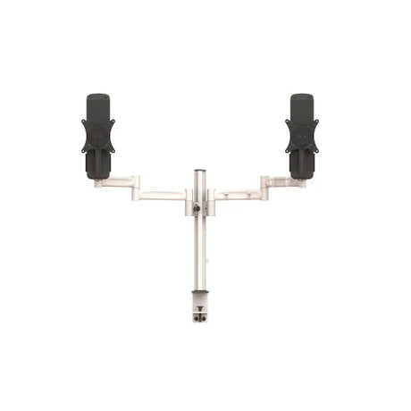 The Atdec Integ Blade Dual Monitor Mount with Desk Clamp offers adjustable arms from a central pole for ergonomic positioning, black VESA brackets for secure mounting, and built-in cable management to keep your workspace organized.