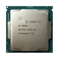 A close-up of the Intel Core i5-8600 3.1 GHz 8th Gen 6-core desktop processor by Intel, showing its silver metal surface with engraved model details, mounted on a green circuit board.