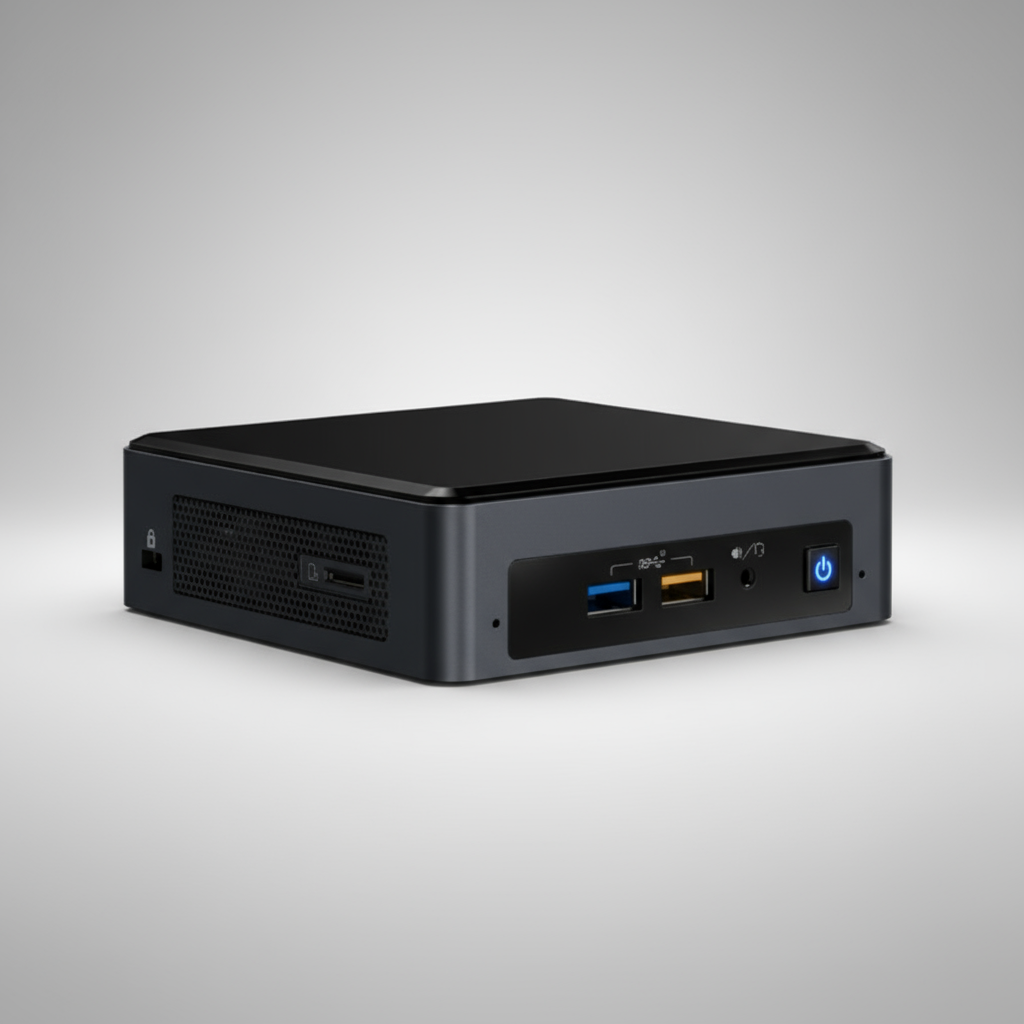 The Intel NUC8i5BEK Mini PC by Intel features an i5-8259U processor, 8GB RAM, 256GB SSD, Windows 11 Pro, front USB ports, headphone jack, power button, and side ventilation in a compact black design.
