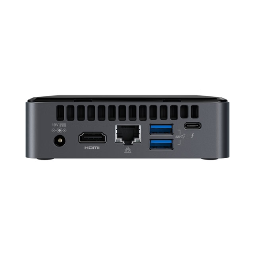 The back view of the Intel NUC8i5BEK Mini PC (Core i5-8259U, 8GB RAM, 256GB SSD) displays power, HDMI, Ethernet, 2×USB-A, USB-C, and audio ports on a sleek dark gray Intel chassis running Windows 11 Pro.