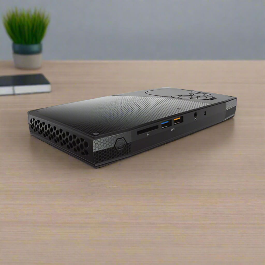 A slim black Intel NUC6i7KYK Mini PC with i7-6770HQ, 8GB RAM, and 256GB SSD sits on a wooden desk. Blurred in the background are a small green plant and a closed notebook.