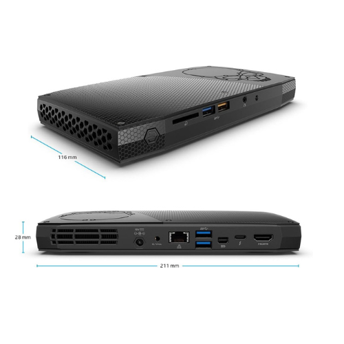 The Intel NUC6i7KYK Mini PC by Intel is a compact black ultra-small form factor desktop (116mm x 28mm x 211mm) with hexagonal vents and multiple ports: USB, Ethernet, HDMI, and DisplayPort. Features i7-6770HQ, 8GB RAM, 256GB SSD, WiFi, W10P.