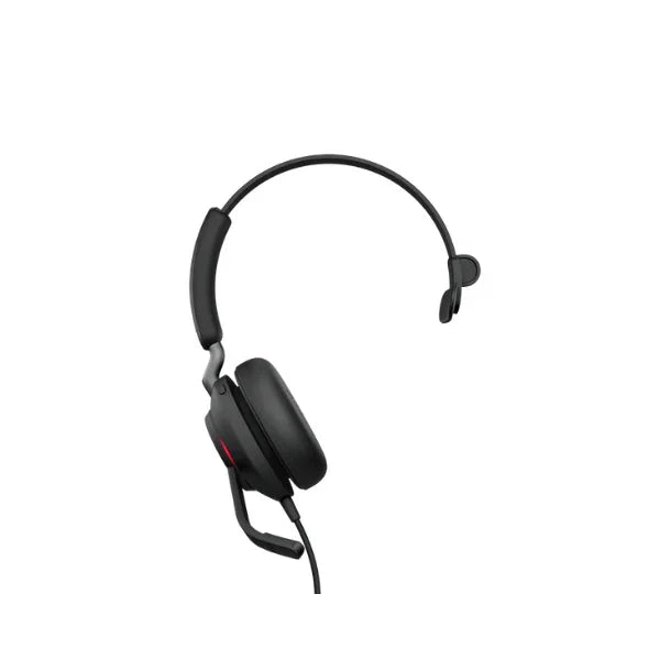 The certified refurbished Jabra Evolve2 40 Mono Wired Headset (USB-C) features a black, single-ear design with adjustable headband, cushioned ear pad, boom mic, and is shown on a white background. Brand: Jabra.