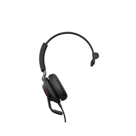 The certified refurbished Jabra Evolve2 40 Mono Wired Headset (USB-C) features a black, single-ear design with adjustable headband, cushioned ear pad, boom mic, and is shown on a white background. Brand: Jabra.
