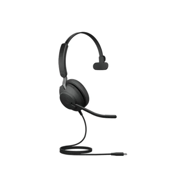 A certified refurbished Jabra Evolve2 40 Mono Wired Headset USB-C by Jabra is shown on a white background, featuring a cushioned earpad, adjustable headband, microphone boom, and USB-C connector for comfort and clear audio.